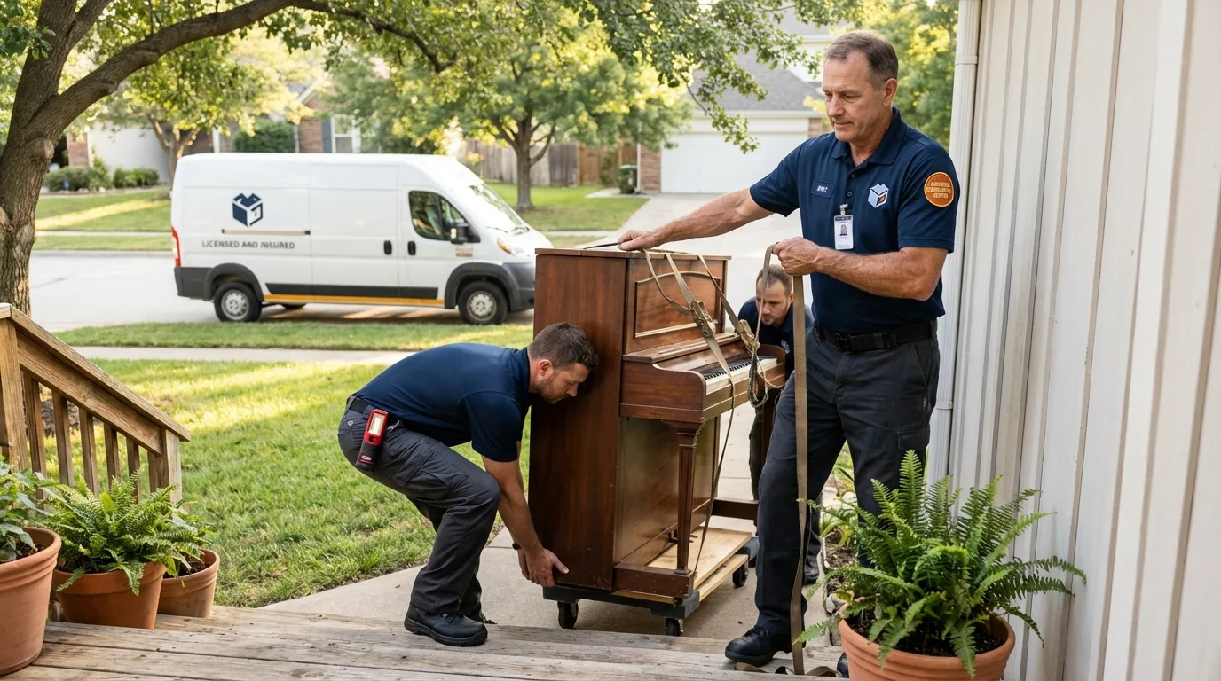 Licensed piano movers securing grand piano in Pacific Grove, CA