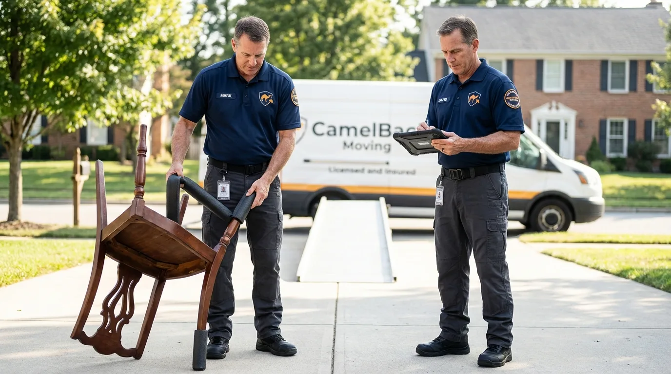 Movers inspecting furniture for damage prevention before loading in Pacific Grove, CA